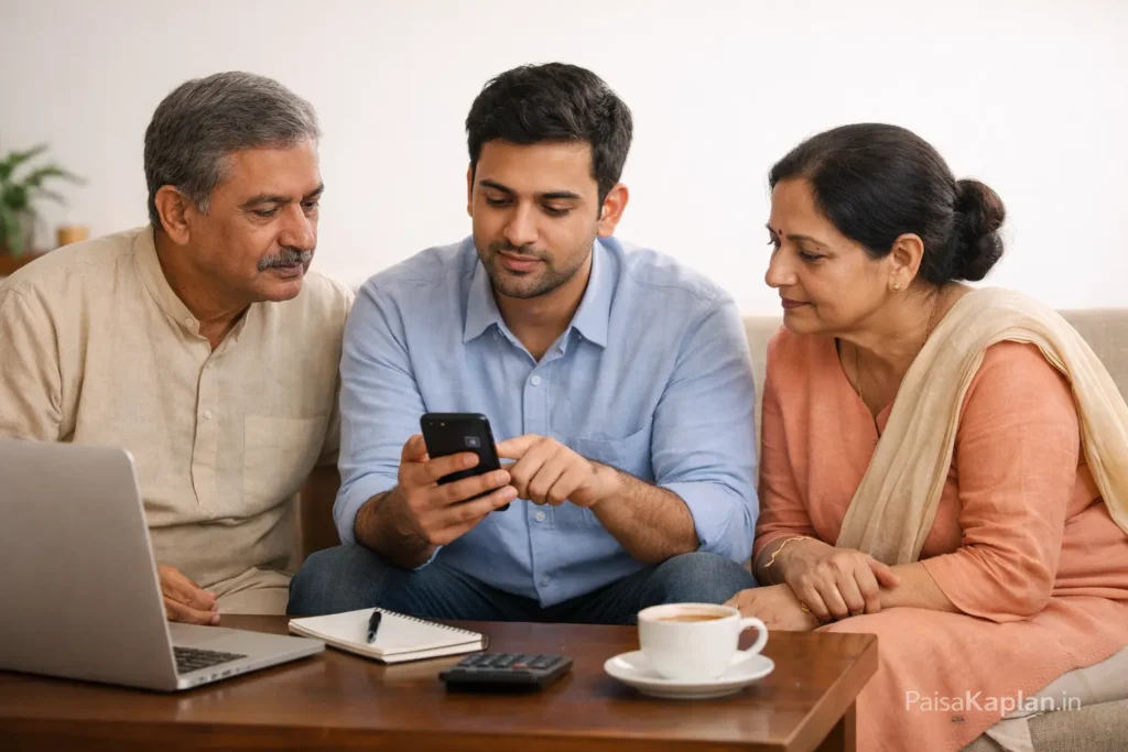 Indian young professional discussing investment plans with family at home