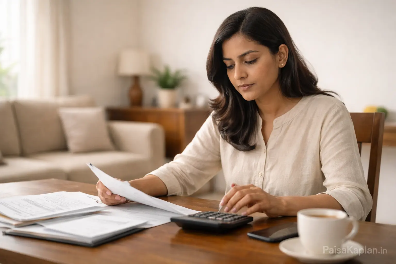 Indian woman reviewing investment profit documents at home table