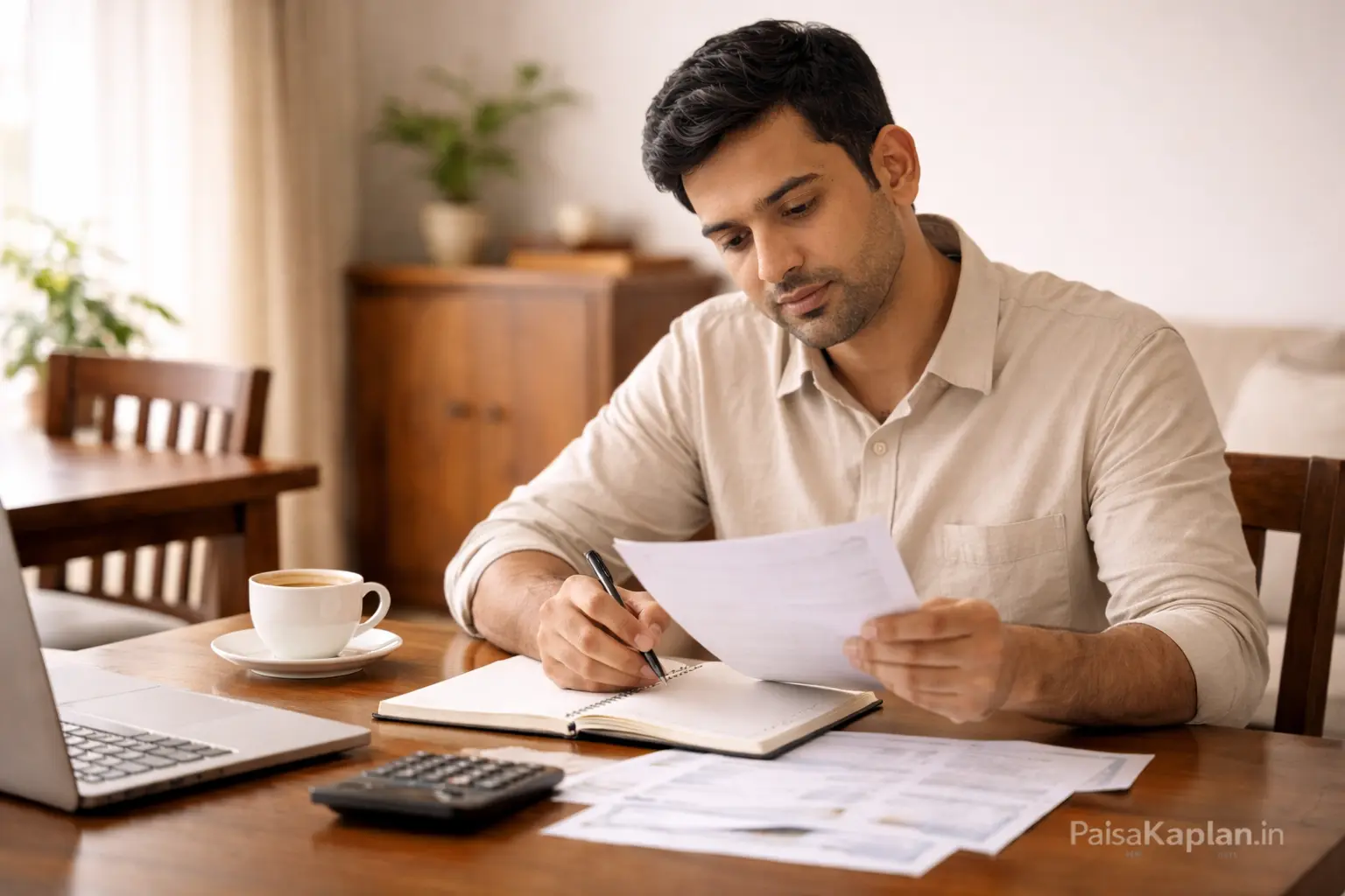 Indian investor reviewing multiple financial papers and planning investments