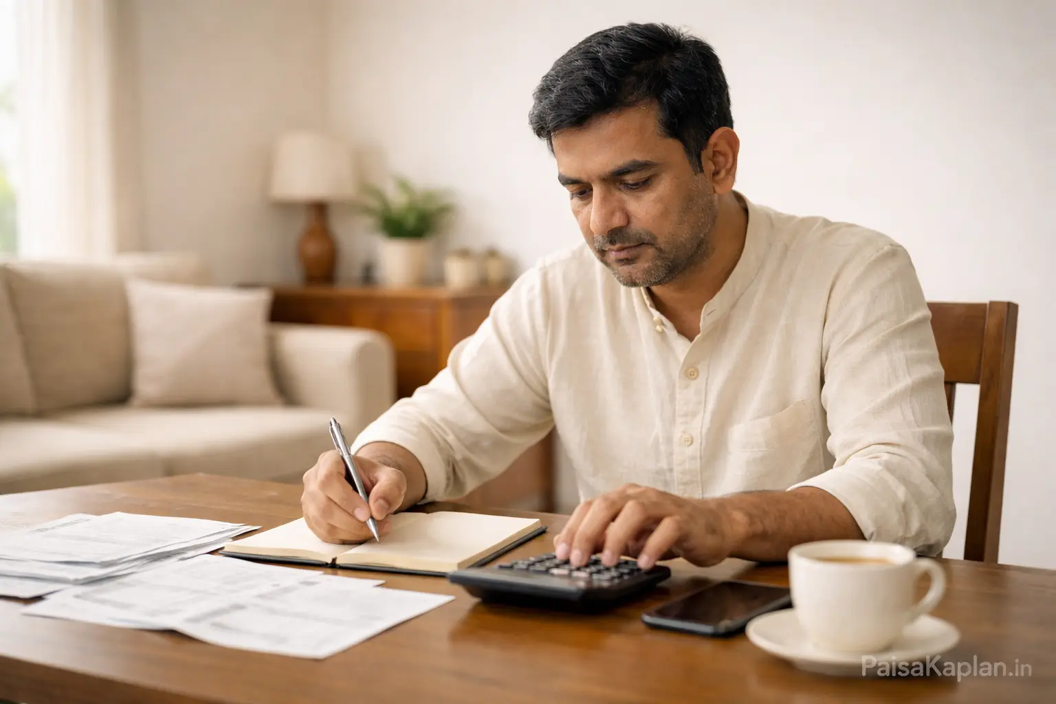 Indian man calculating expenses and investment profit using notebook and calculator