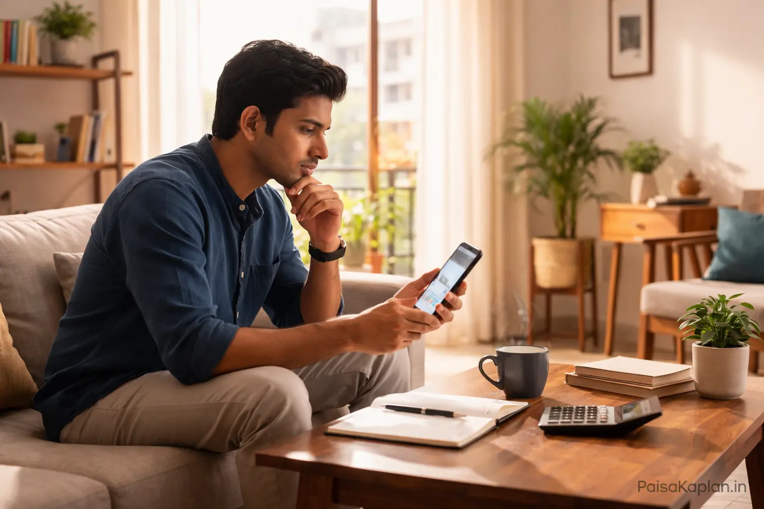 Young Indian man looking at investment app on smartphone while sitting at home
