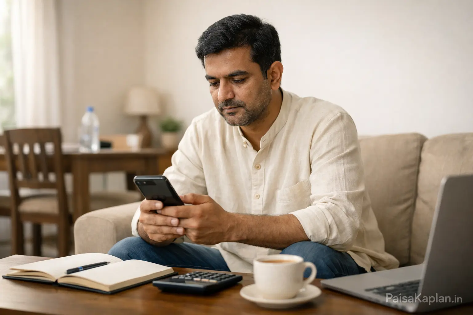 Indian man sitting at home checking investment returns on smartphone