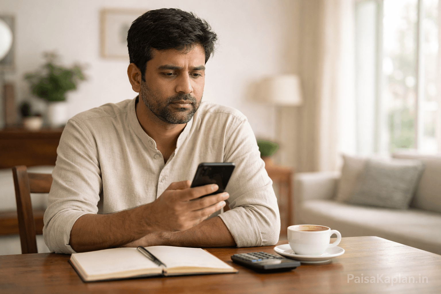 Indian man making impulsive investment decision using mobile phone