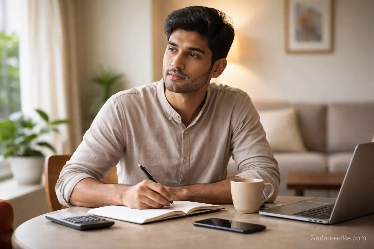 Indian young man sitting at home table writing expenses and investment plans in notebook