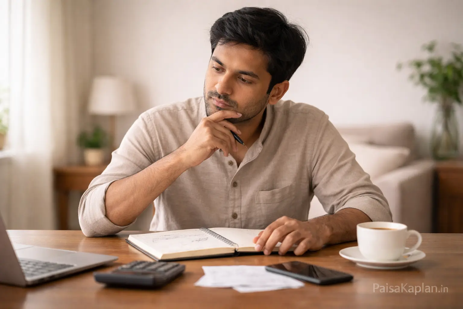 Indian man reviewing financial notes calmly at home table
