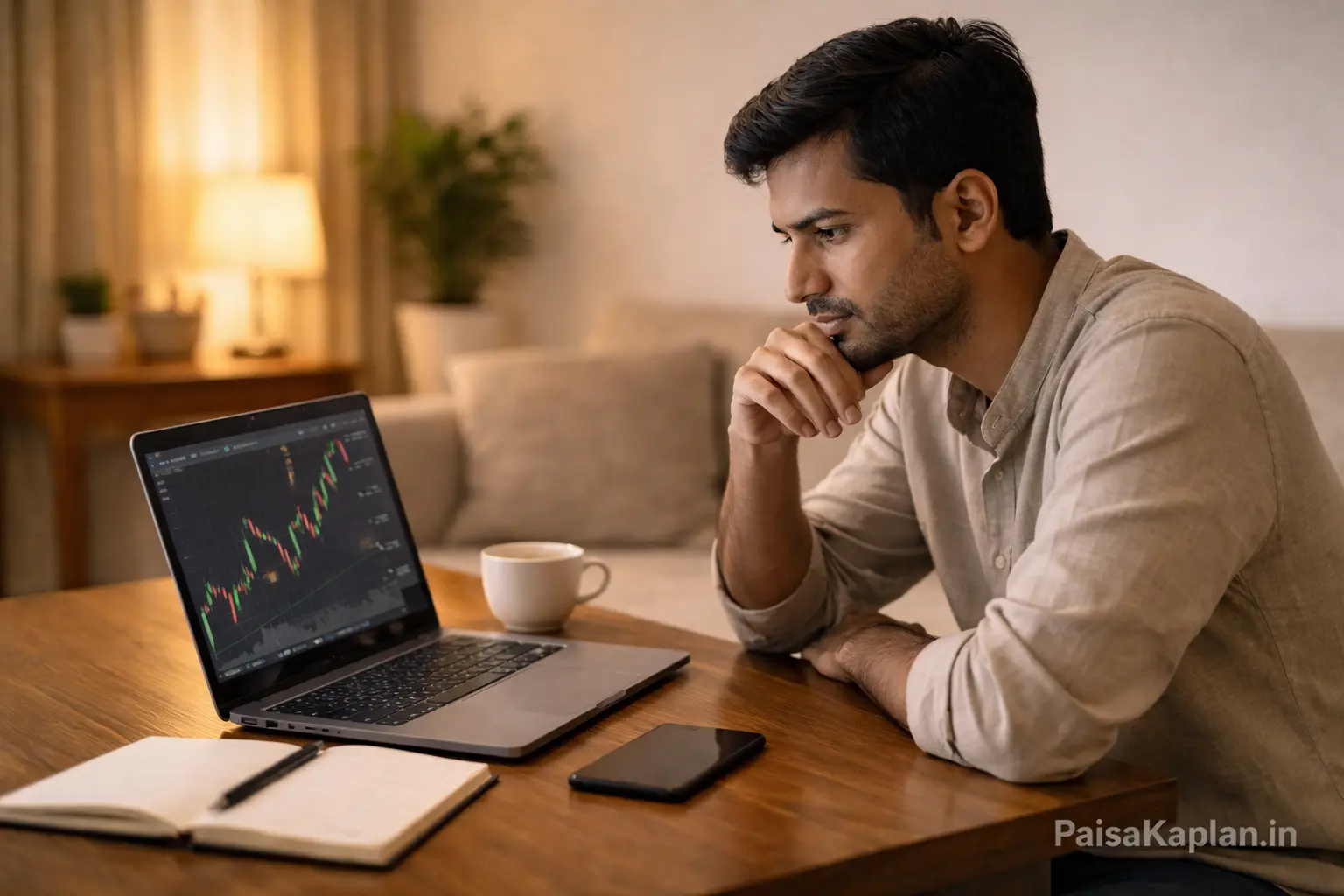 Indian man calmly reviewing investment progress on laptop at home