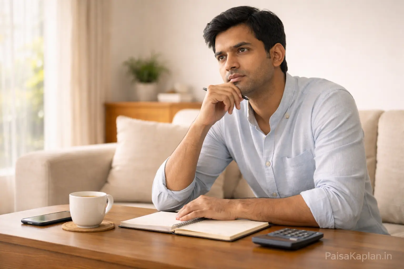 Indian salaried man sitting thoughtfully with notebook and calculator at home