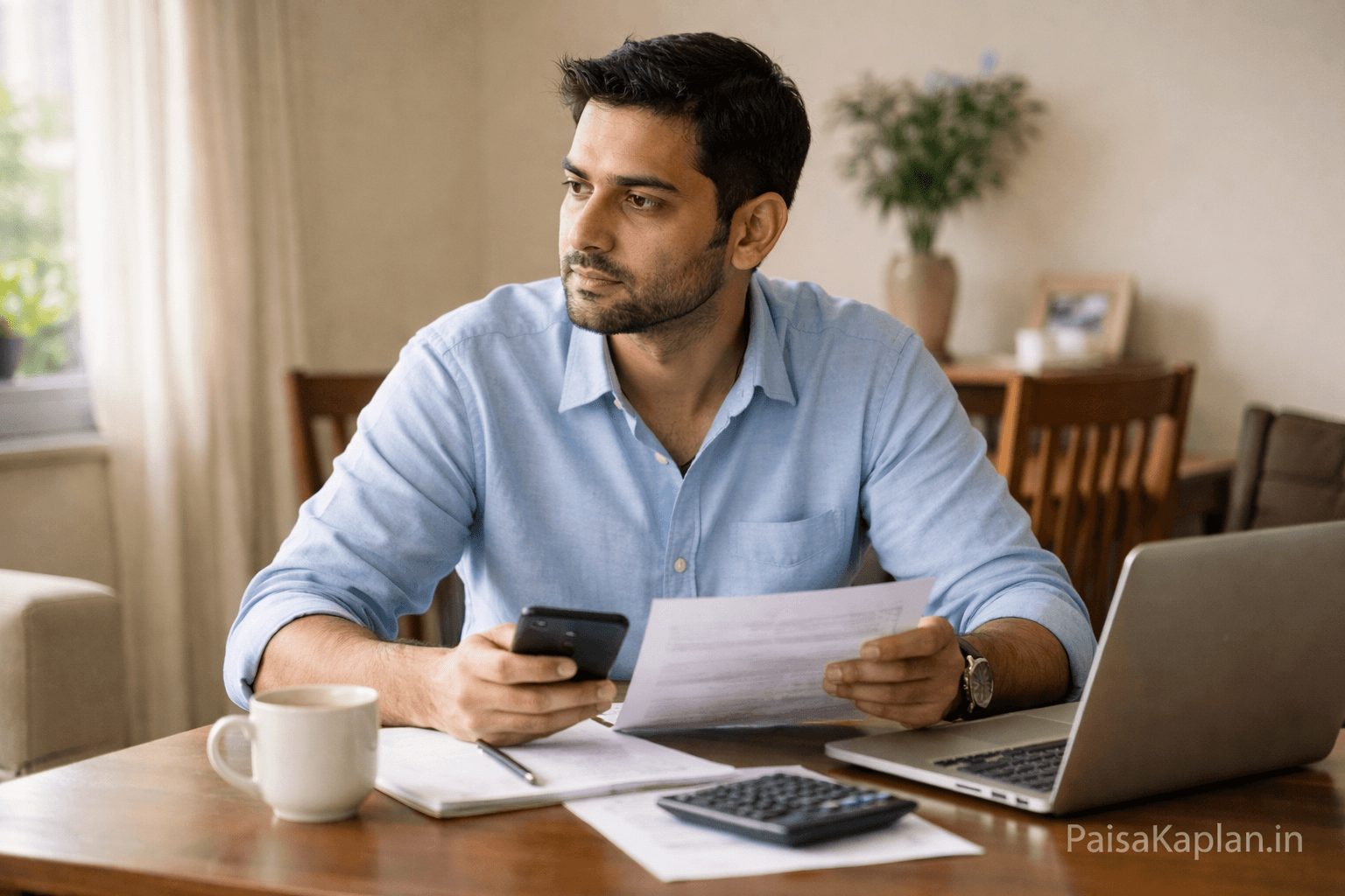 Indian salaried man sitting at home and reading about fixed deposit calmly