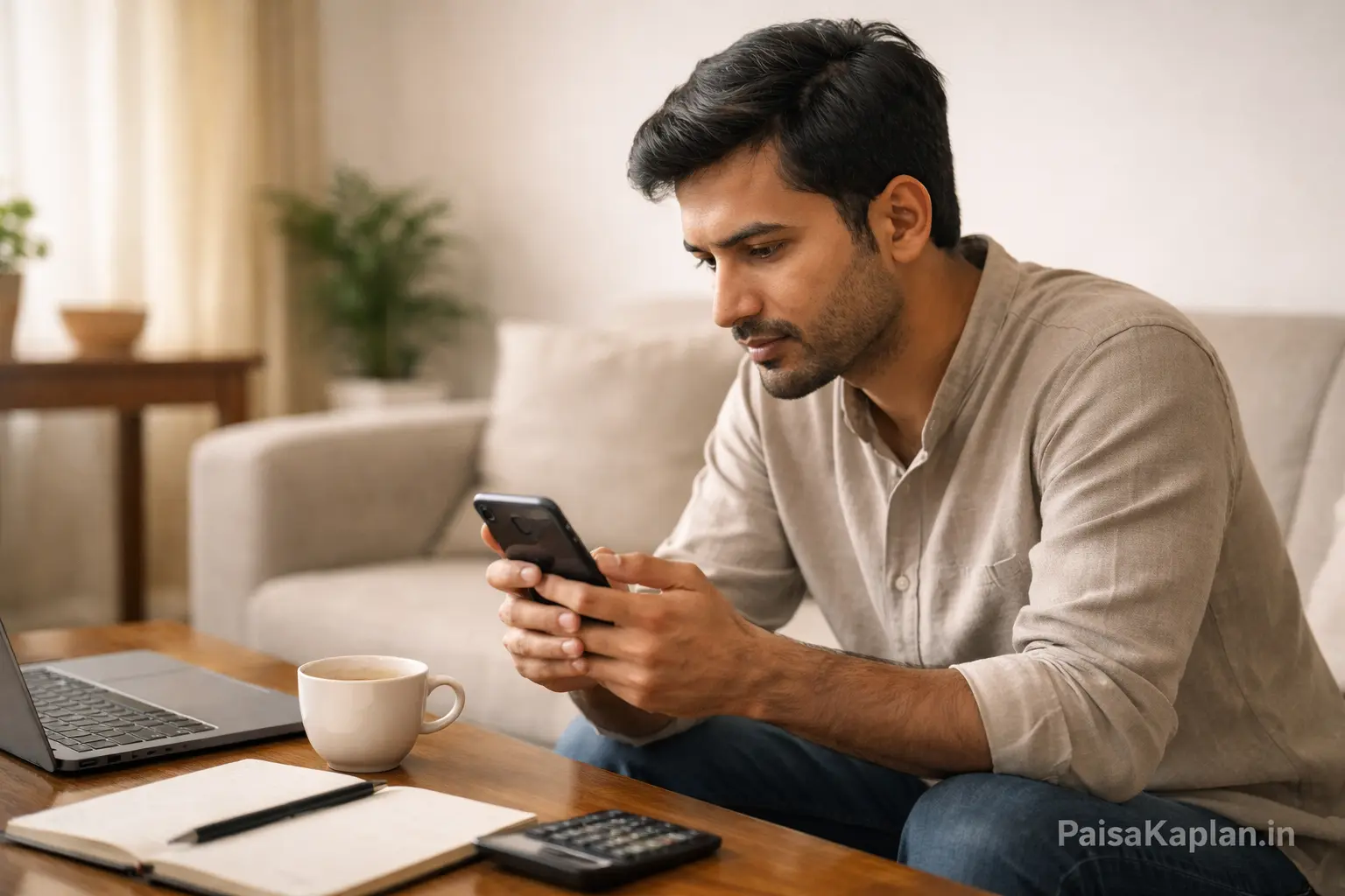 Indian investor checking stock prices on smartphone at home