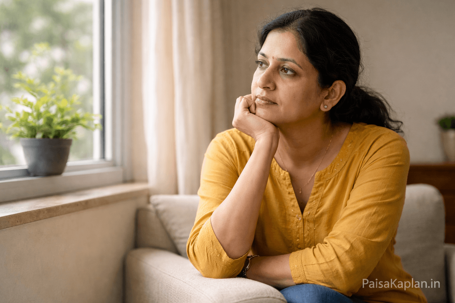 Indian person sitting alone at home thinking carefully about financial decisions