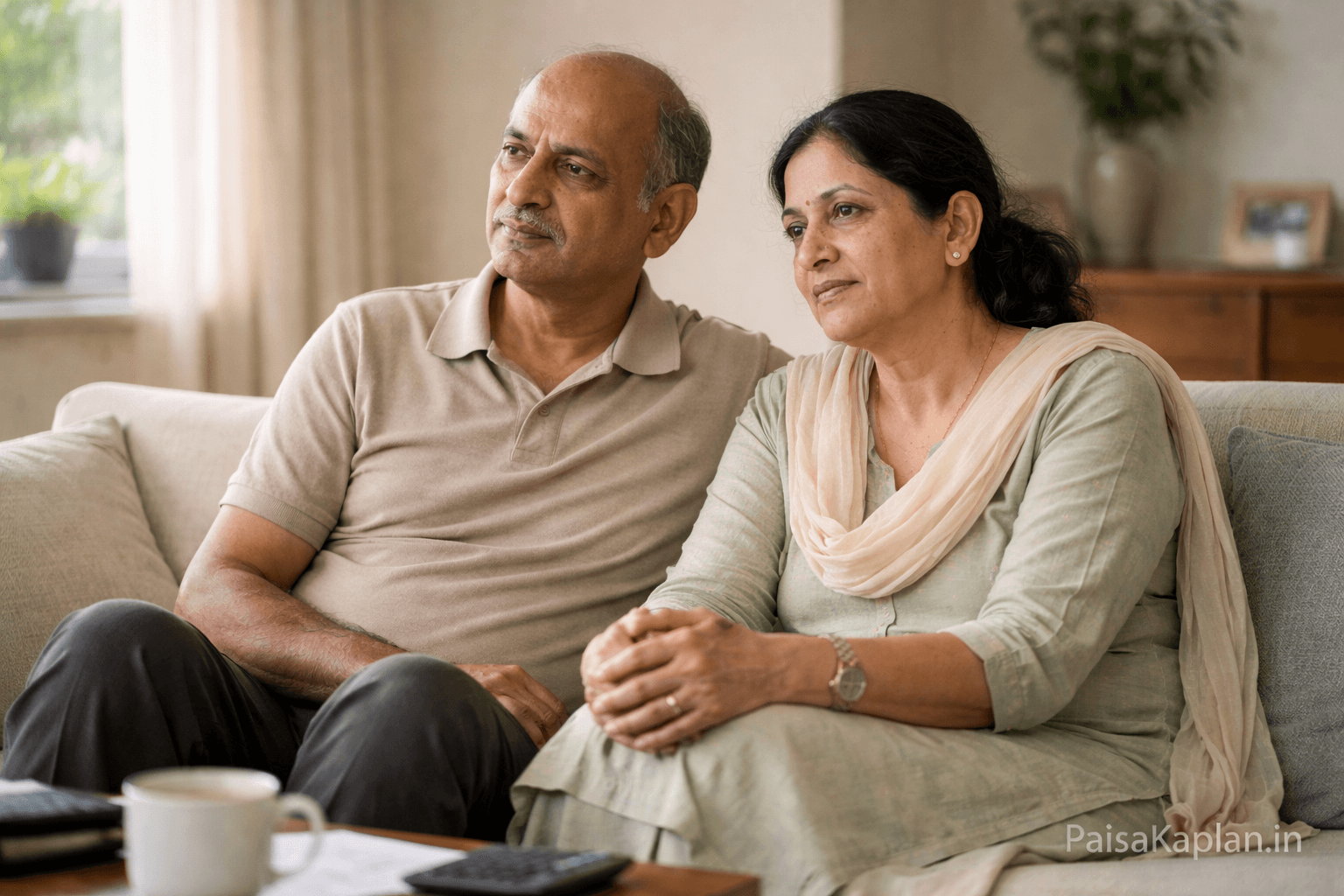 Indian elderly couple sitting peacefully at home feeling financially secure