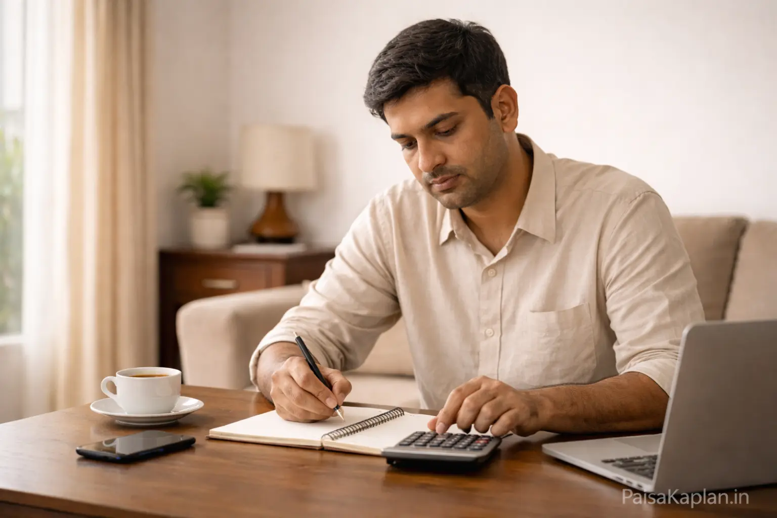 Indian salaried person calculating monthly savings using notebook and calculator at home