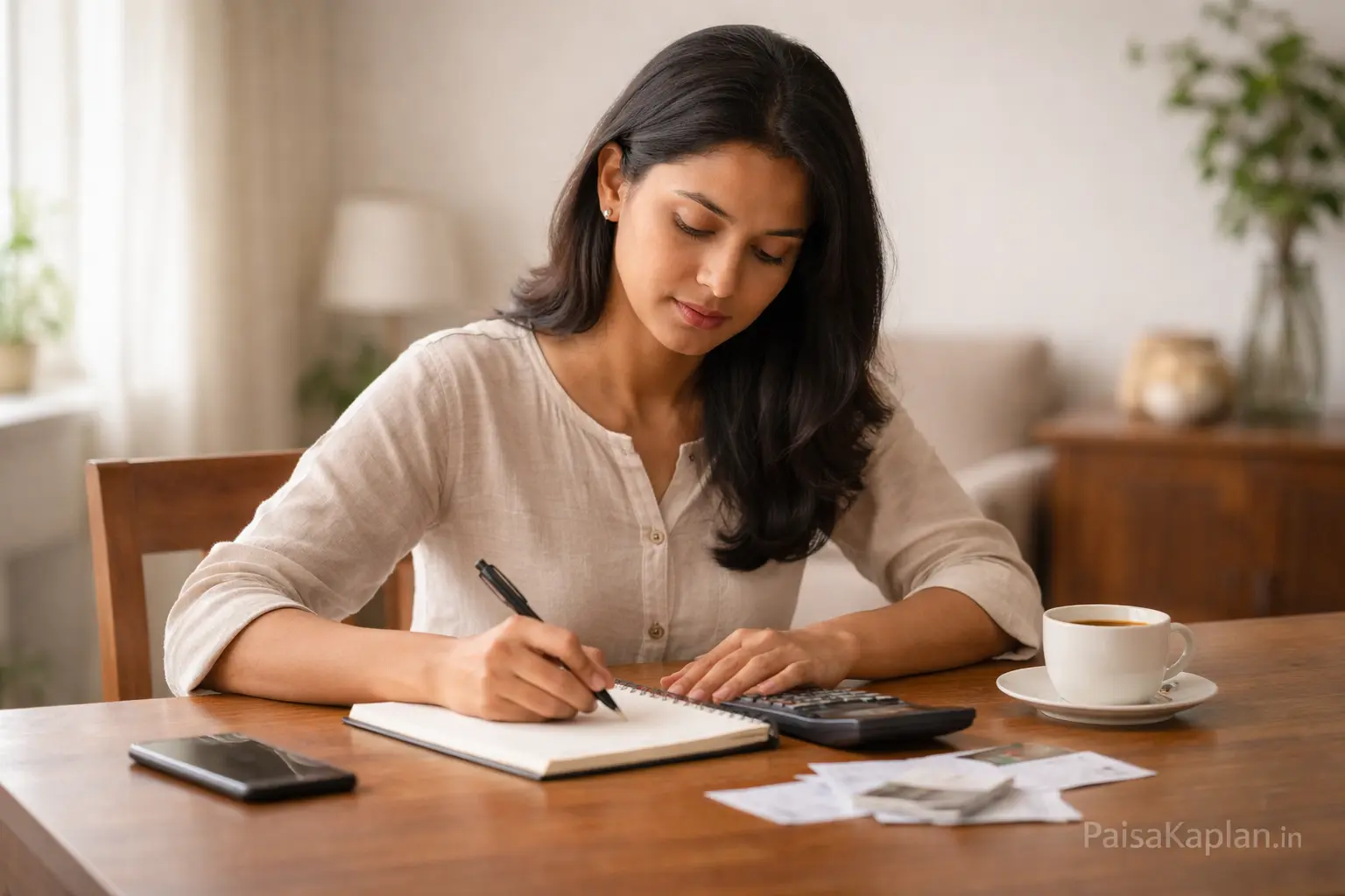 Indian woman calculating savings and investment in notebook at dining table