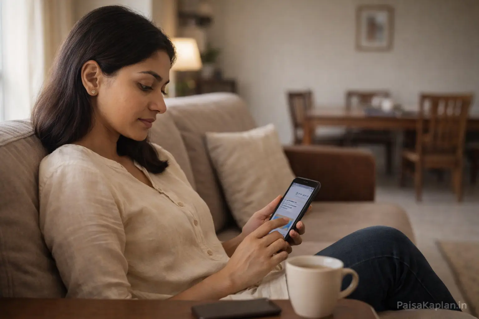 Indian woman sitting casually checking investment app progress on smartphone at home