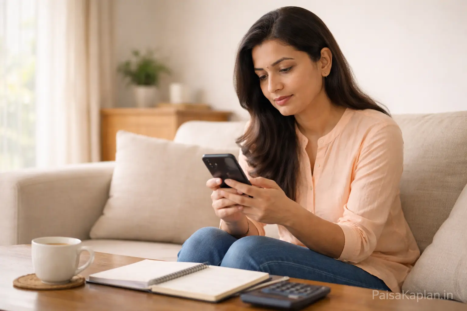 Indian woman checking investment returns on smartphone while sitting at home