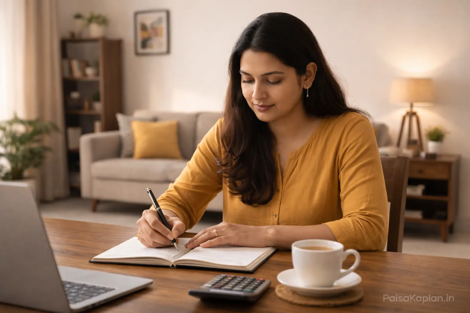 Indian woman writing financial plan in notebook while sitting at home table