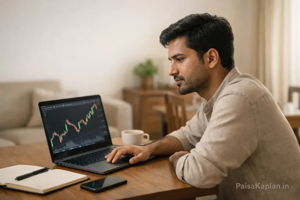 Young Indian man checking stock market charts on laptop at home