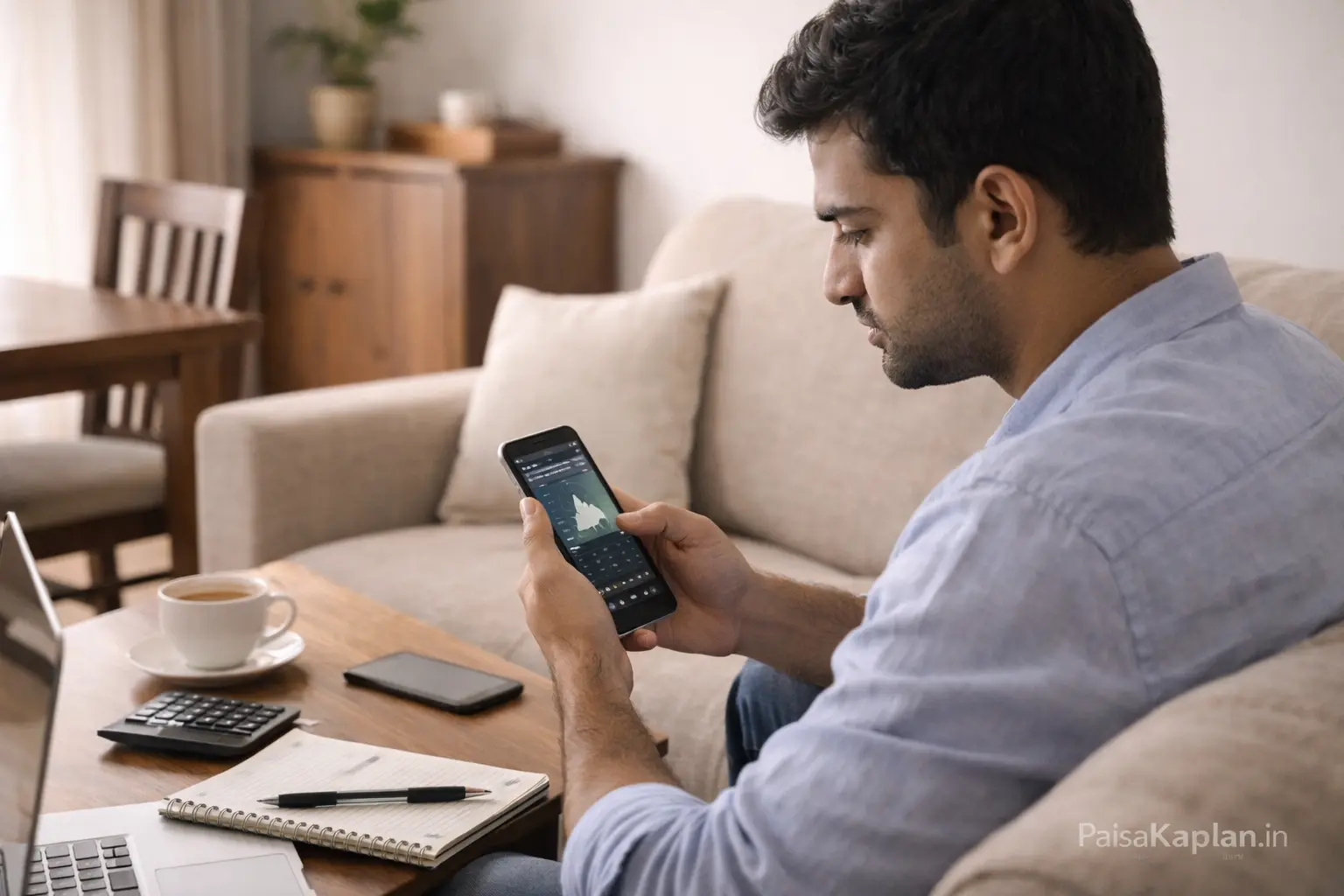 Indian young man reviewing investment performance on smartphone at home