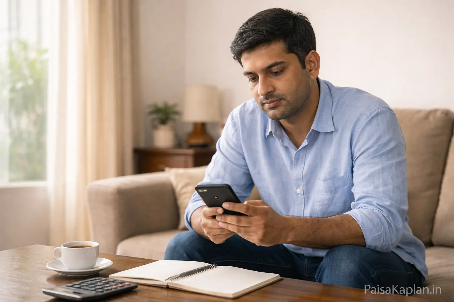 Young Indian professional checking savings or budget details on smartphone at home