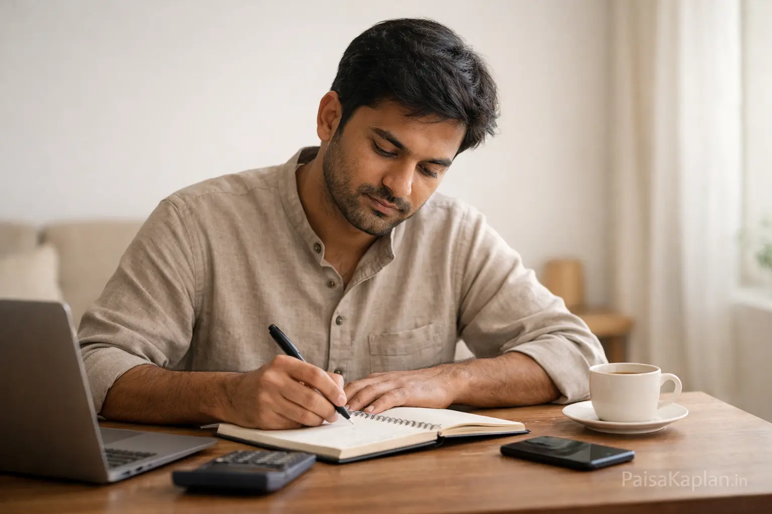 young Indian man writing savings plan in notebook at home with natural light