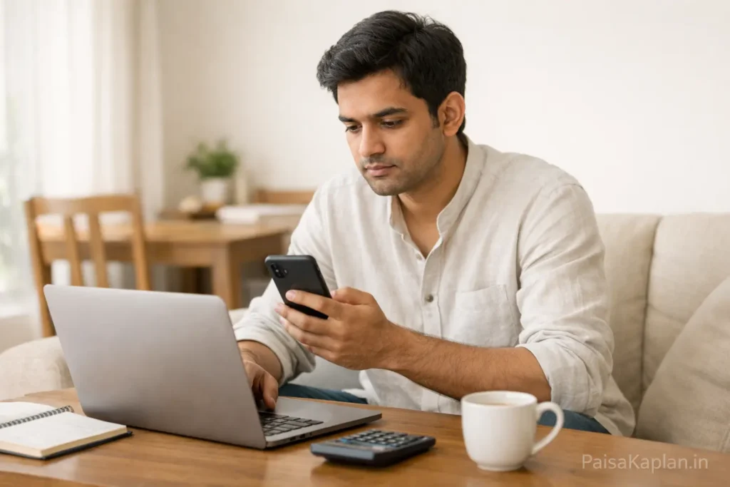 Indian young professional checking investment planning on laptop and mobile at home