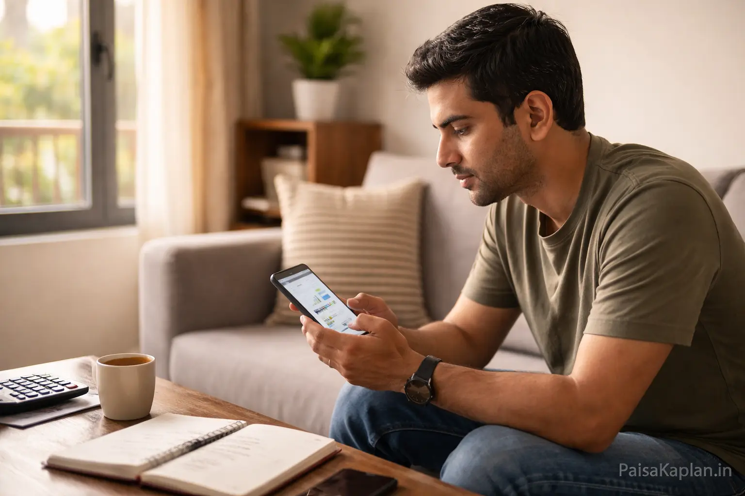 Young man checking his mutual fund SIP details on a mobile investment app at home