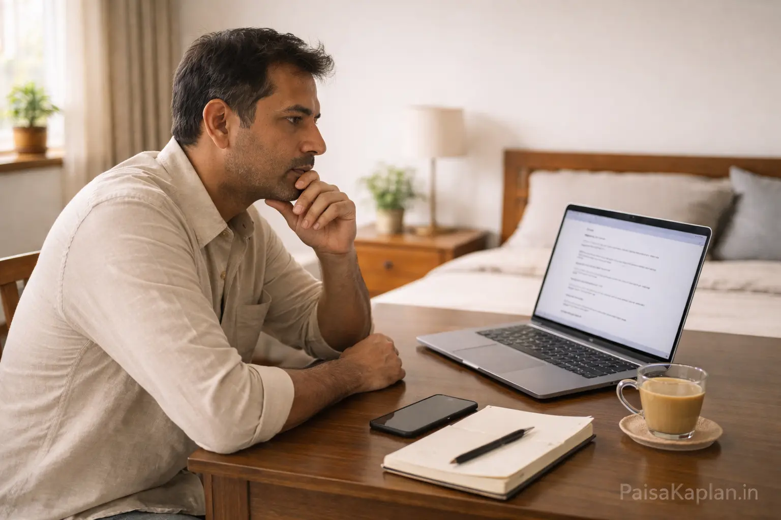 Man reviewing risk profile questions on a laptop screen at home