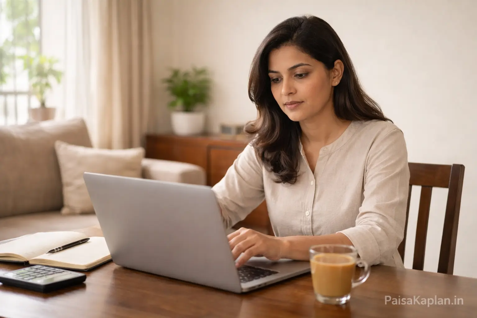 woman reviewing mutual fund SIP portfolio performance on laptop at home table