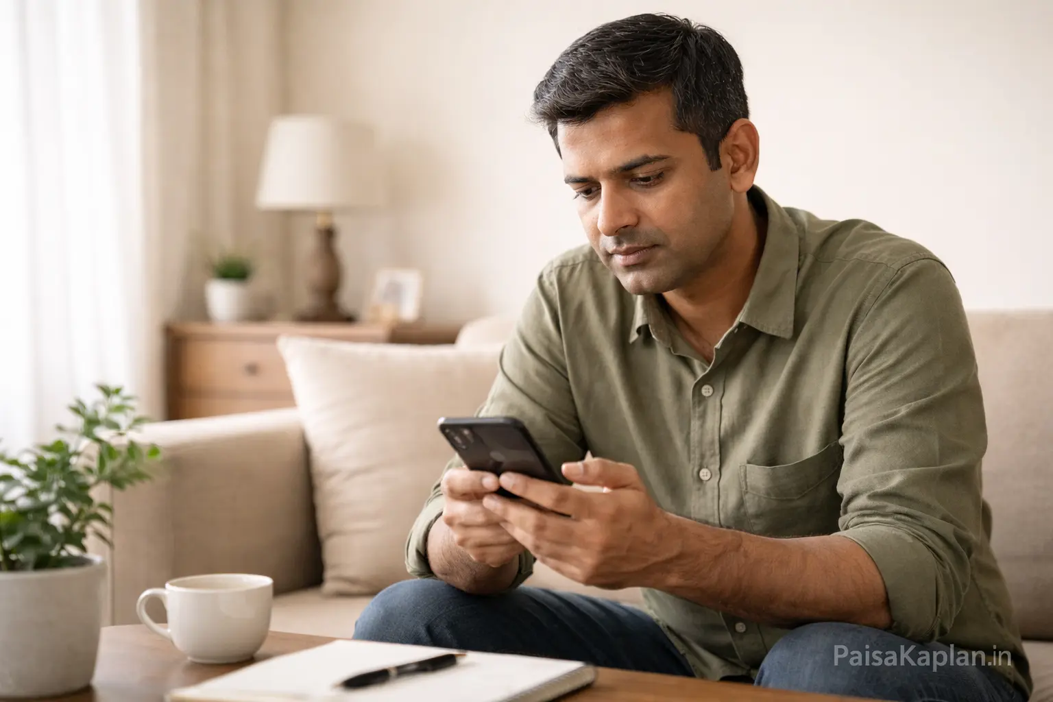 Person checking monthly SIP investment details on a mobile app while sitting at home