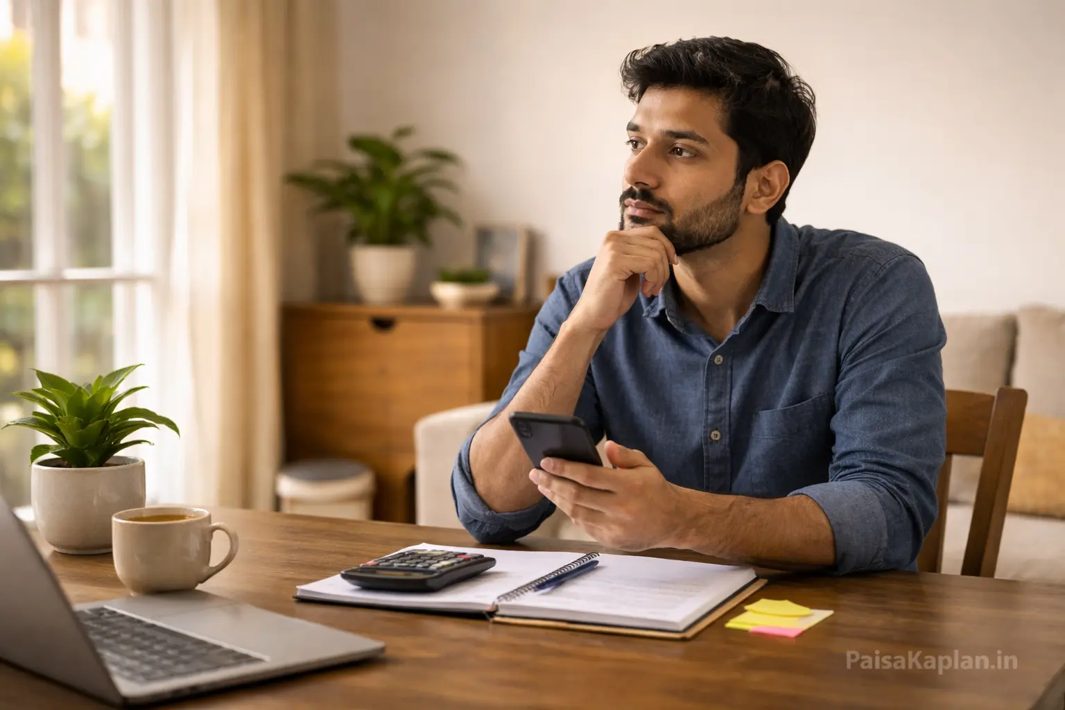 Person sitting at dining table looking at notebook and mobile while thinking about investment