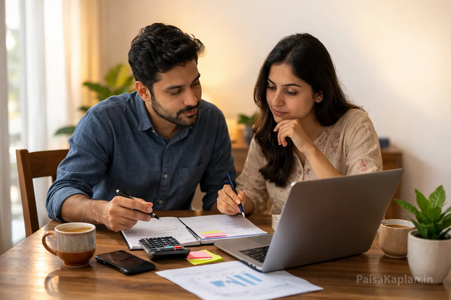 Young couple discussing investment options at dining table with laptop