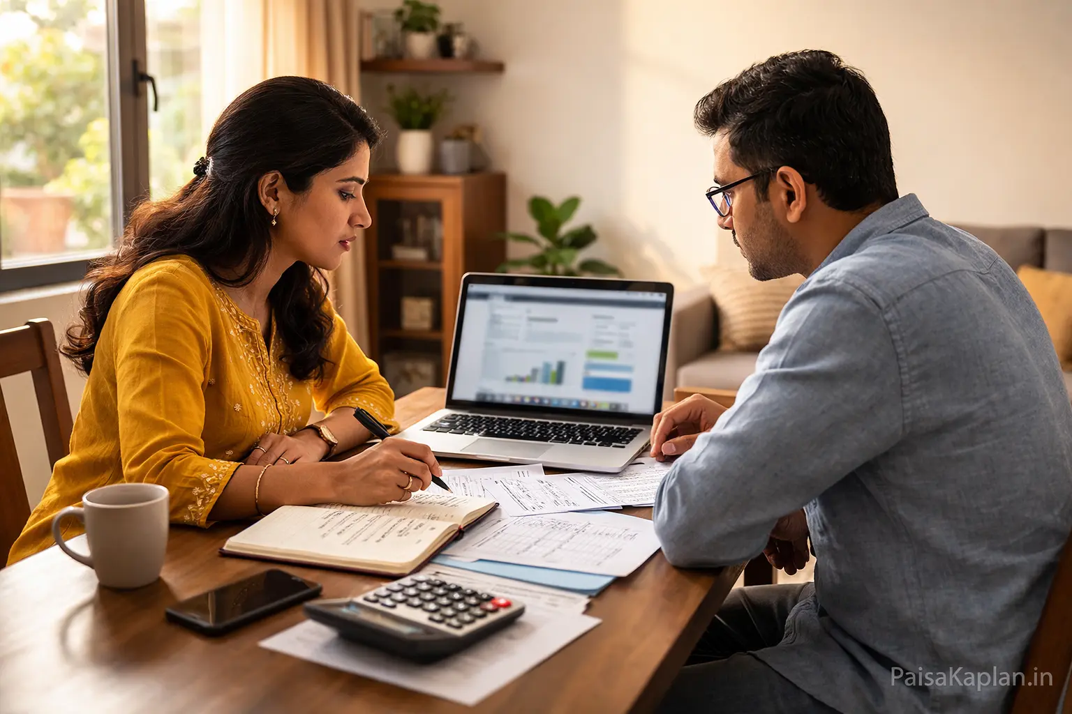 Indian couple reviewing tax saving investment options on a laptop at their dining table