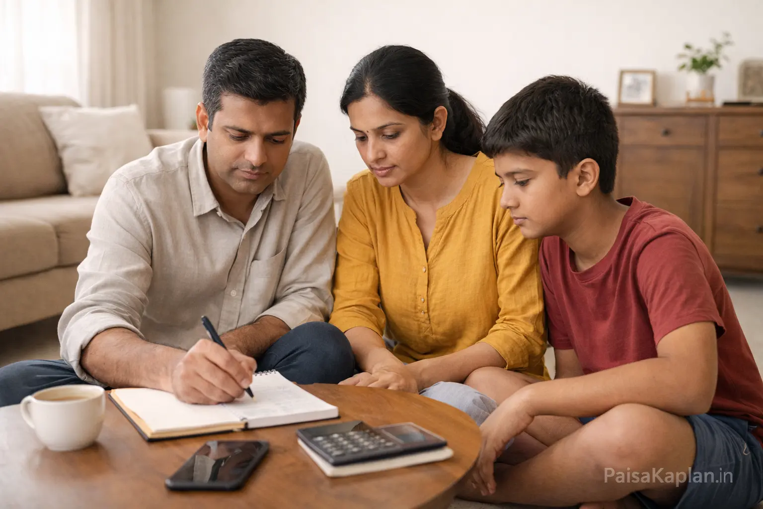Family writing financial goals in a notebook while planning investments at home