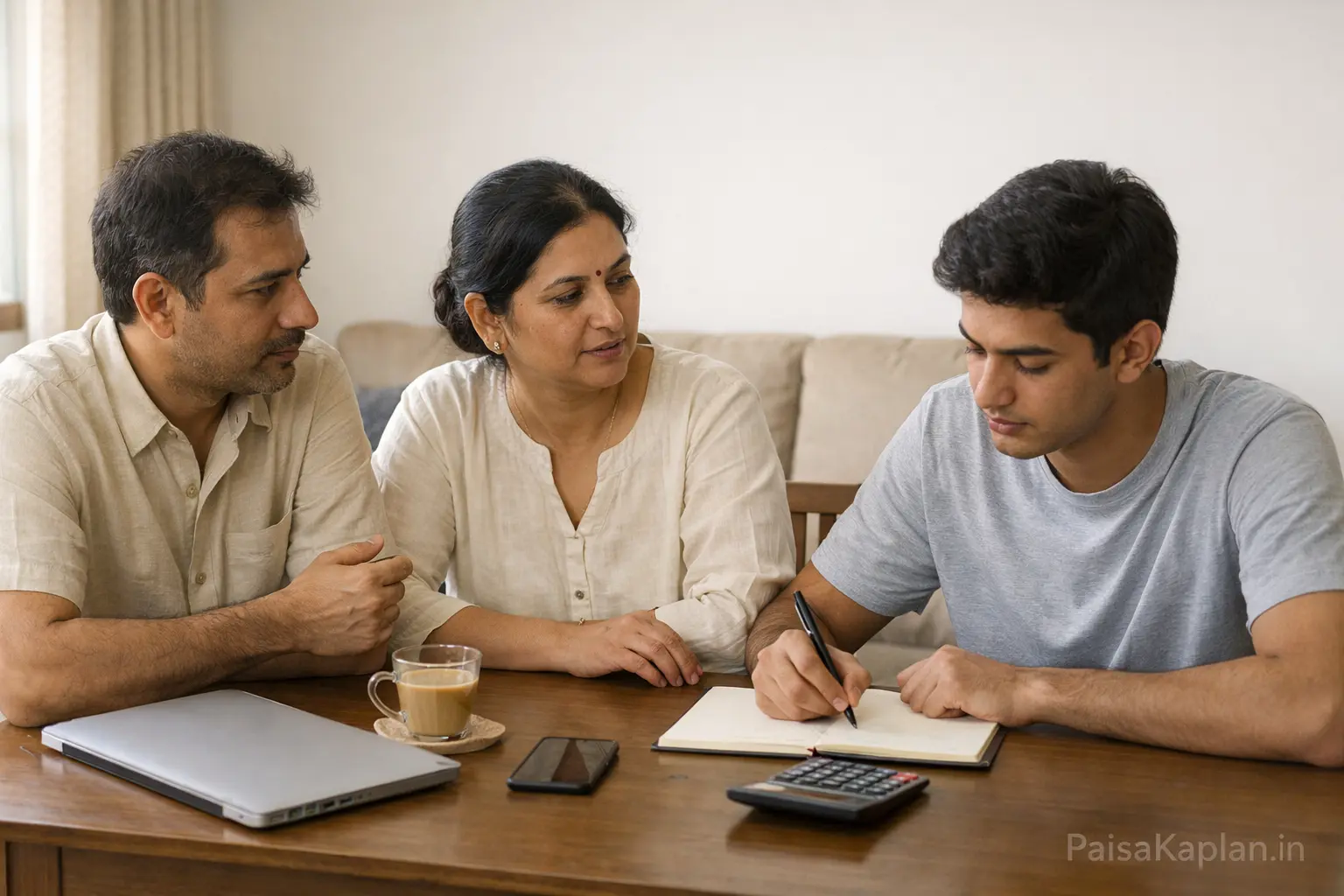 Family sitting at a table writing long term savings goals in a notebook