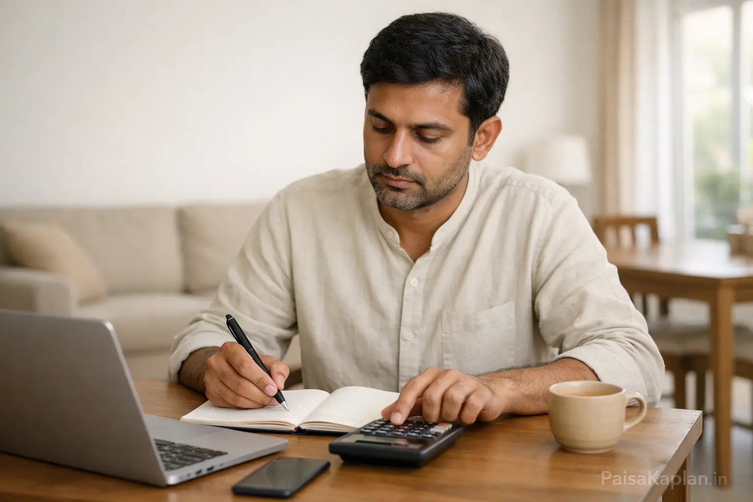 Person updating monthly budget and increasing SIP contribution in a notebook