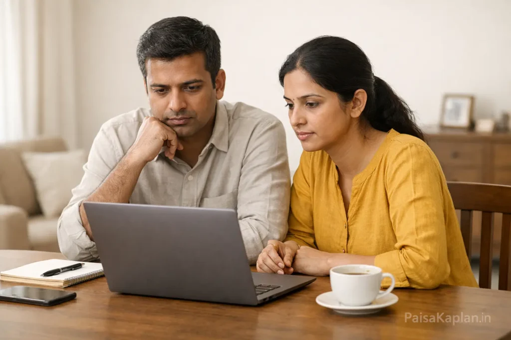 Couple reviewing mutual fund SIP details together on a laptop at their dining table