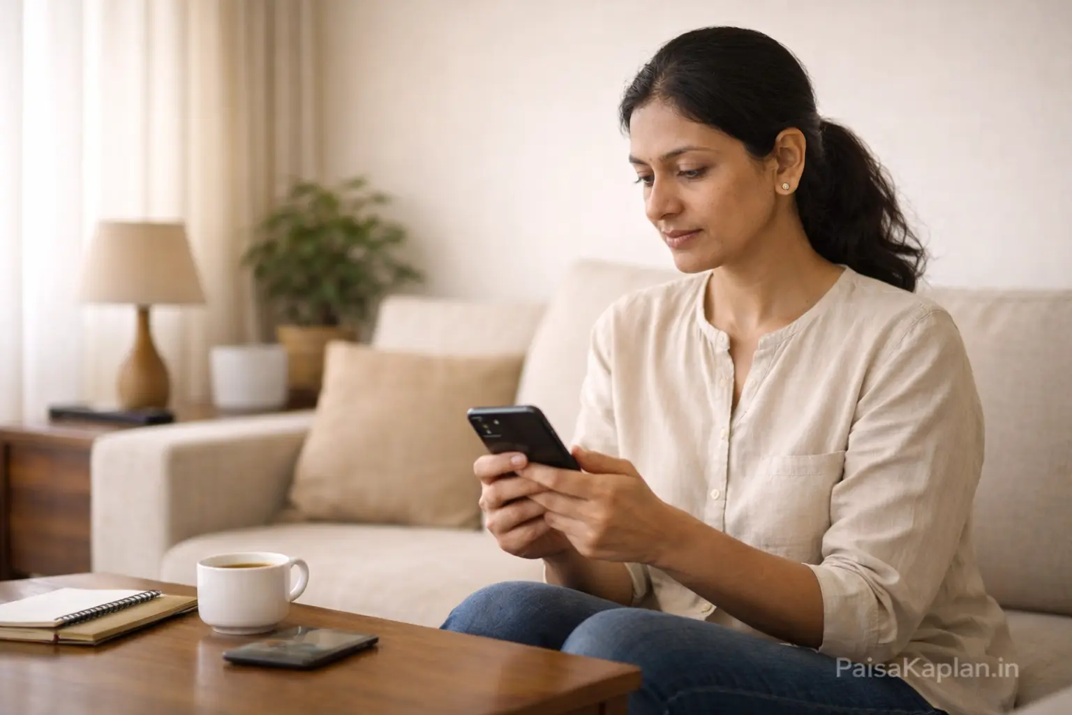 Person calmly reviewing long-term mutual fund performance on smartphone at home