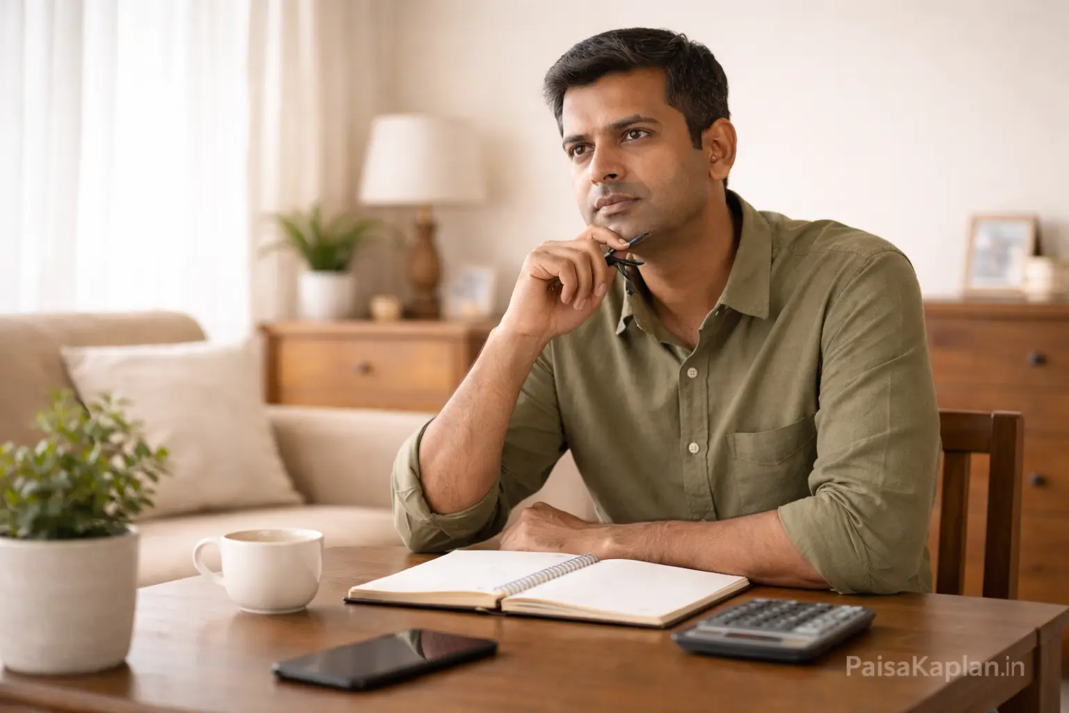 Man sitting at home with notebook thinking about different investment options