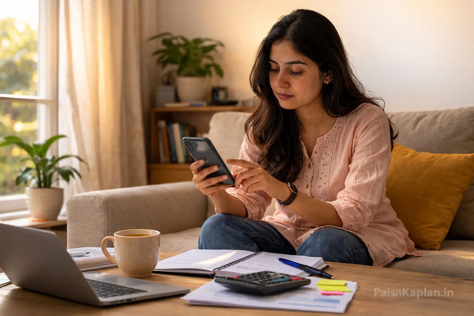 Woman checking mutual fund SIP details on her mobile phone while sitting at home