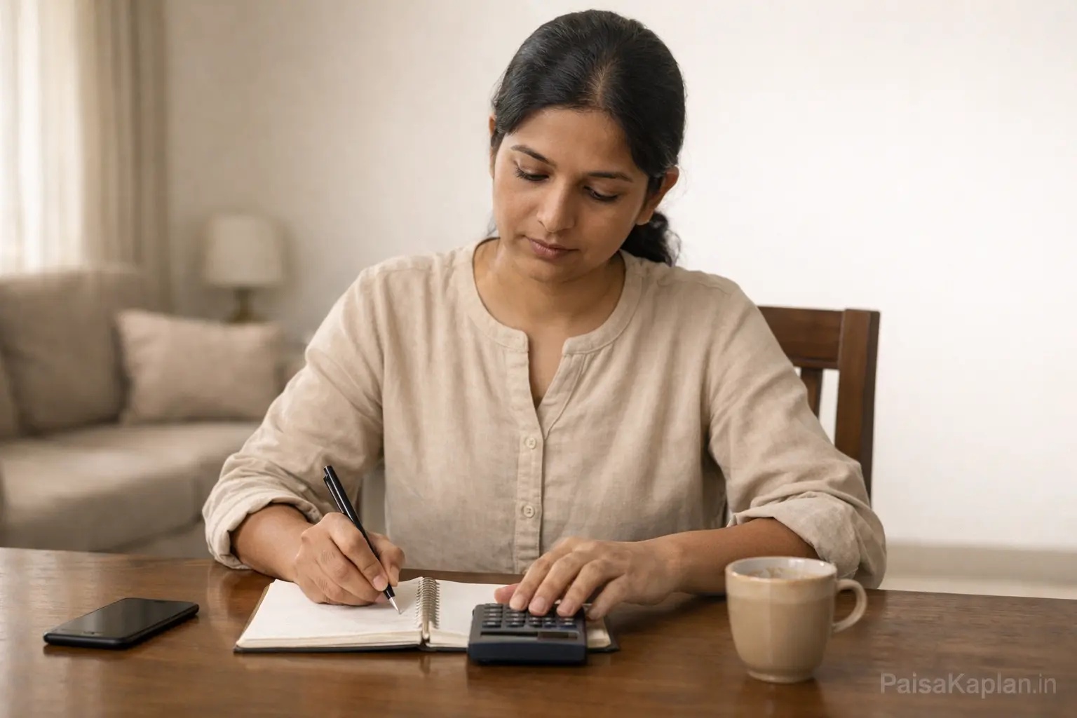 woman sitting at home calculating monthly savings and planning systematic investment on paper