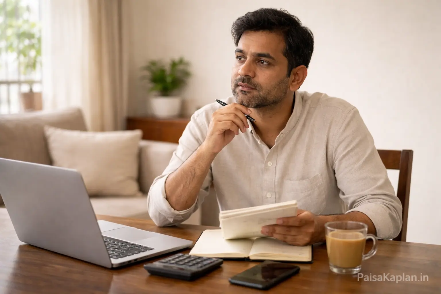 young man reviewing investment notes and thinking about SIP decisions at home