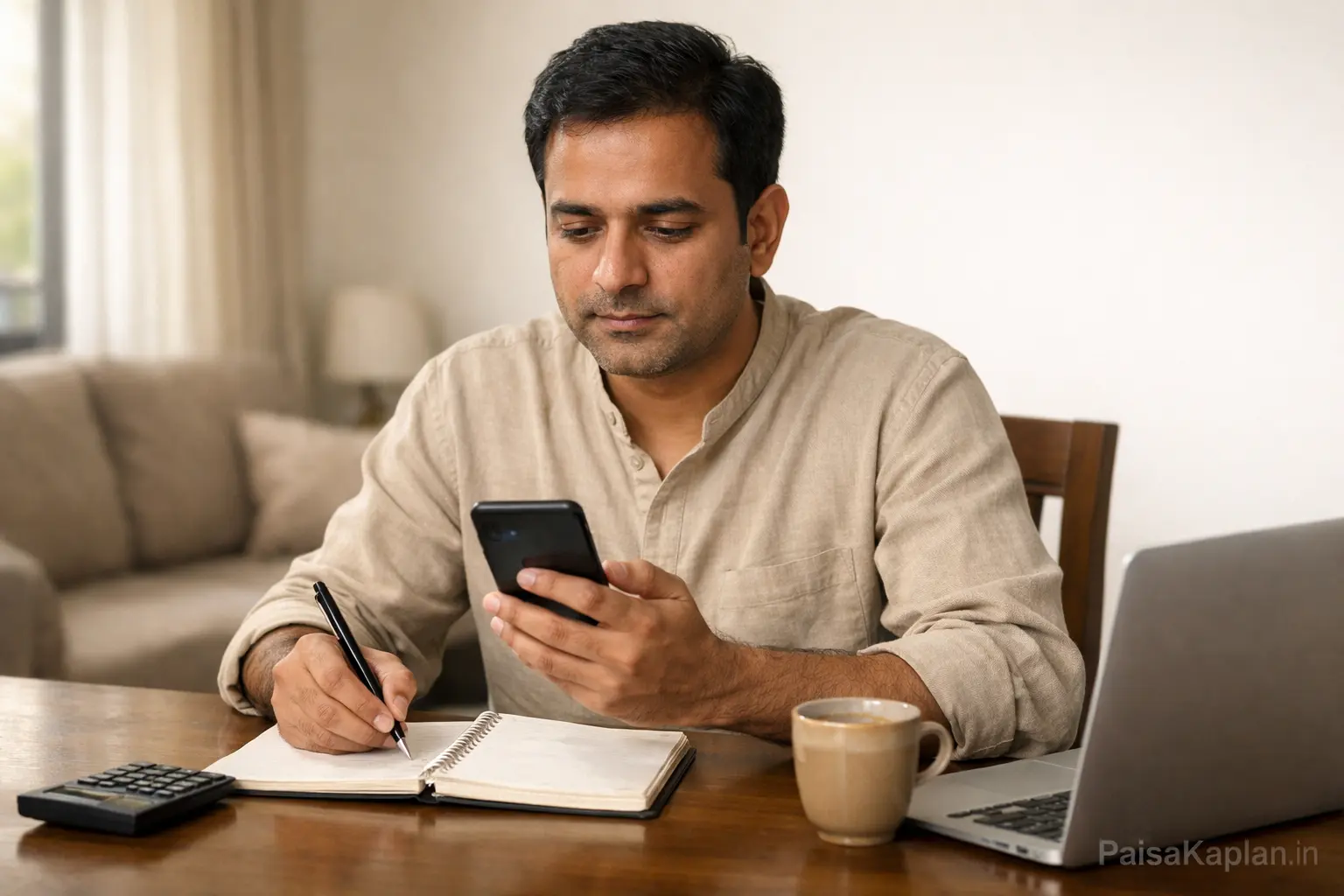 man sitting at home checking mutual fund investment on mobile while planning monthly savings