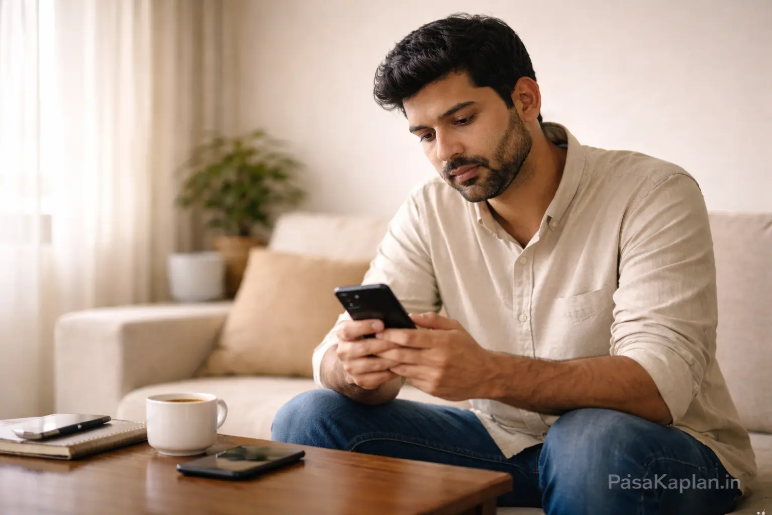 Investor reviewing investment performance on phone while continuing regular SIP contributions