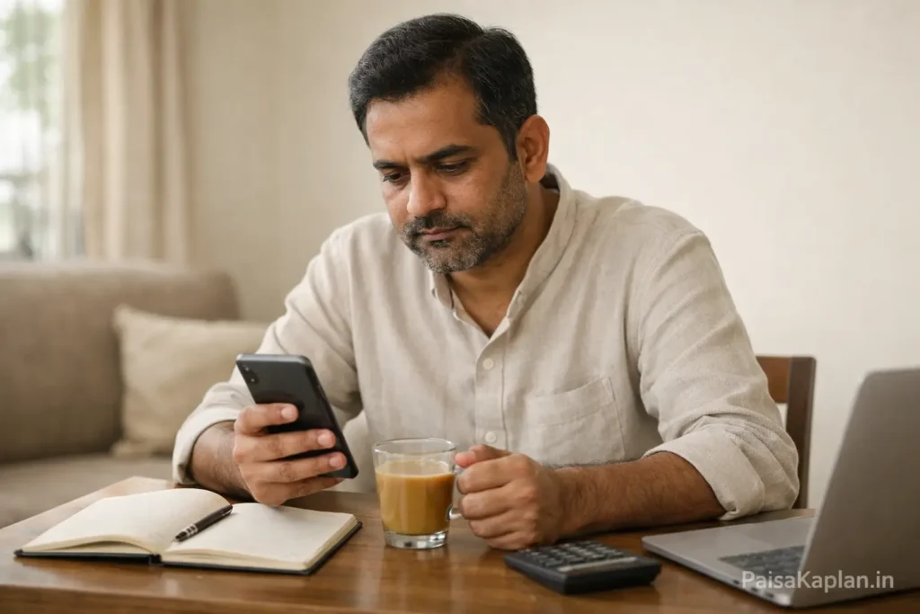 man checking mutual fund SIP returns on mobile while sitting at home desk with notebook