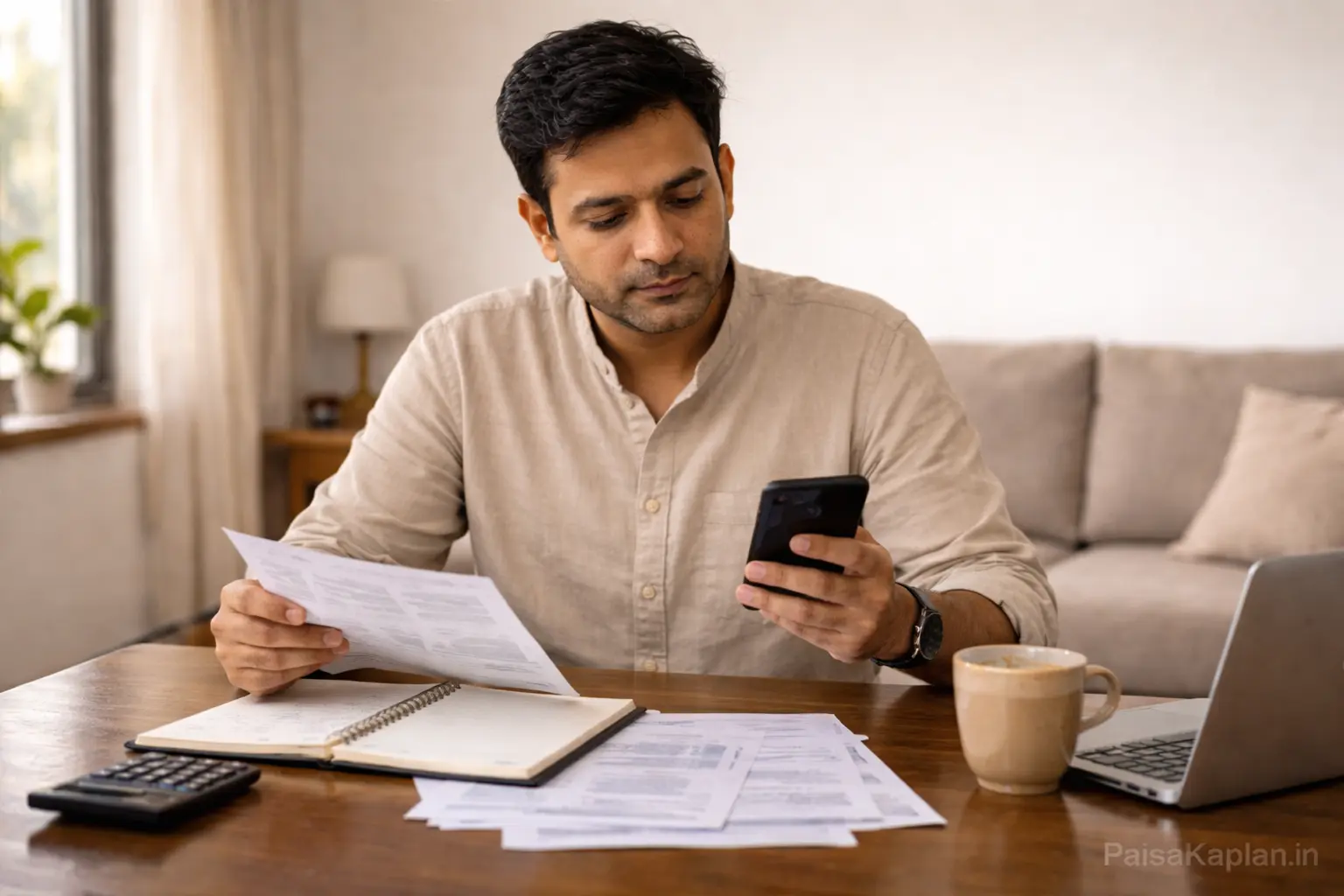 man reviewing bank deposit paper and checking investment options on phone