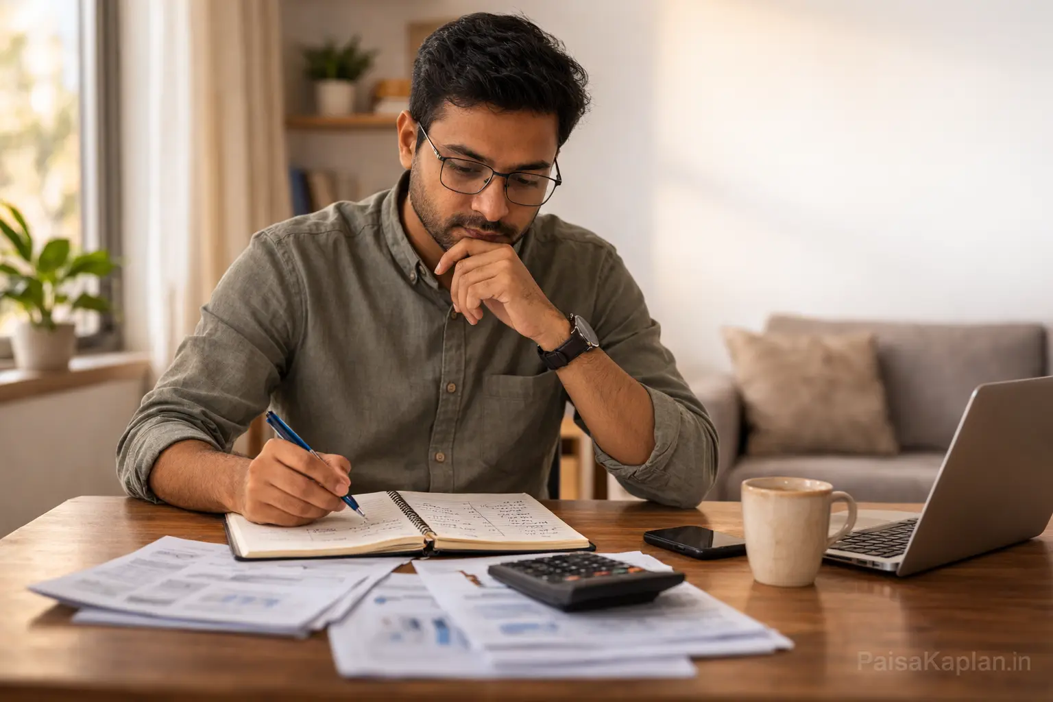 man thinking while comparing two financial options written in notebook at home