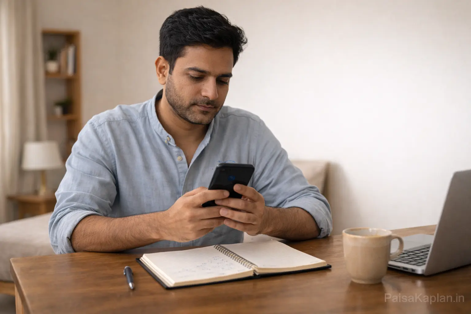 person setting up mutual fund sip on mobile banking app at home